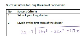 Success Criteria for Division of Polynomial functions